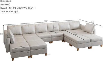 EASE MOOSE U Shaped Modular Sectional Sofa with Storage, Faux Leather Sectional Sofa Oversized Modular Sectional Couch with Reversible Chaises for Living Room