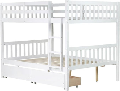 Ball & Cast Full Over Full Wood Bunk Bed for Kids,Convertible Storage Bunk Bed with Two Storage Drawers and Ladder,Can Be Divided Into Two Full Size Daybeds,No Box Spring Required,White