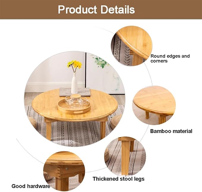 Round Japanese Style Small Table with Foldable Legs - Bamboo Coffee Low Table for Drinking Tea, Bay Window, Tatami, Outdoor, Bed Computer Dining Kang Floor (31.5 * 11.8in)