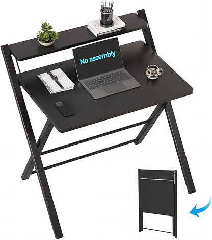 GreenForest No Assembly Folding Desk, 2-Tier Compact Computer Desk with Shelf, 30 inch Space Saving Foldable Table for Home Office, Dorm or Apartment, Portable Collapsible Sturdy Laptop Desk, Black