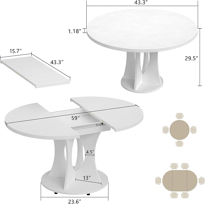 Einhomn 43-59" Extendable Round Dining Table, Kitchen Table for 4-8, Farmhouse Circle Dining Room Table with Removable Leaves, Hidden Storage, Space Saving Wood Kitchen & Dining Room Furniture, White