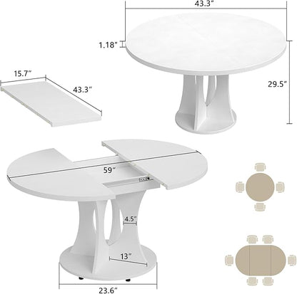 Einhomn 43-59" Extendable Round Dining Table, Kitchen Table for 4-8, Farmhouse Circle Dining Room Table with Removable Leaves, Hidden Storage, Space Saving Wood Kitchen & Dining Room Furniture, White
