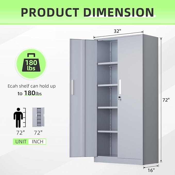 Bonusall 72" Metal Garage Storage Cabinet, 2 Locking Doors & 4 Adjustable Shelves Tall Storage, Heavy Duty Steel Tool Cabinet for Home