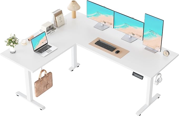 Klicelor L Shaped Standing Desk 63 x 48 Inch, Electric Height Adjustable Corner Desk for Home Office Workstation, Ergonomic Sit to Stand Computer Table with Memory Controller, White