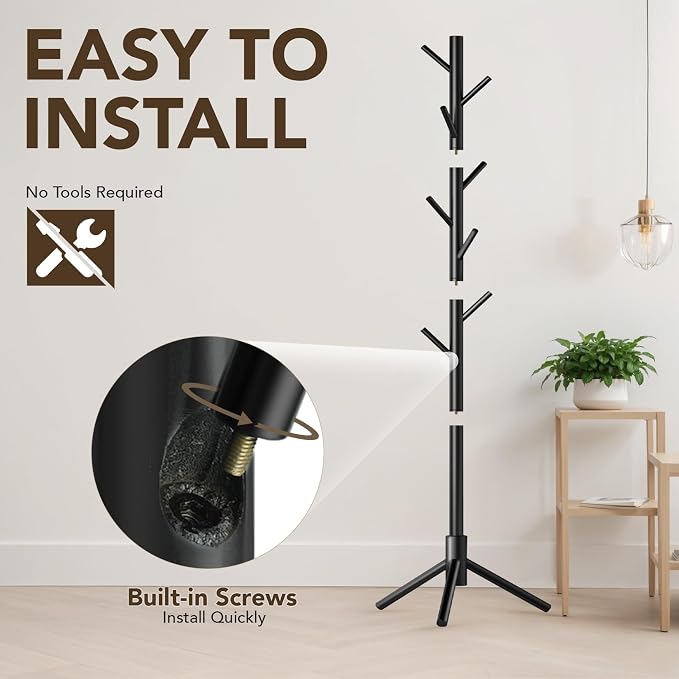 Hupmad Wooden Tree Coat Rack Stand,Sturdy Freestanding Coat Rack with 8 Hooks,3 Adjustable Height for Child Adult,Wood Coat Stand Tree Fits Entryway Bedroom Office for Bags,Hats, 2 Pack