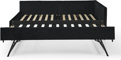 KEIKI Full Size L-Shpaed Upholstery Daybed with Erectable Trundle, Full to King Design Mid-Century Extendable Velvet Sofa Bed, Easy Assembly, No Box Spring Required, for Living Room and Bedroom, Black