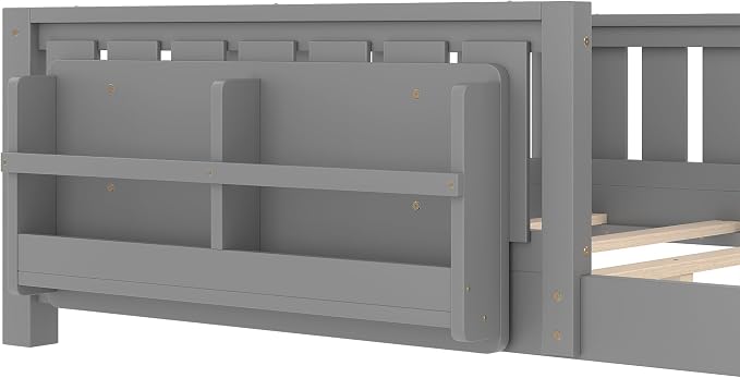 Bellemave Queen Size Floor Bed with Slats and Safety Guardrail, Queen Size Montessori Floor Bed with Fence and Built-in Bookshelf, Easy Assemble Montessori Beds for Girls, Boys, Gray