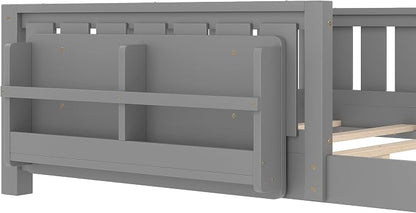 Bellemave Queen Size Floor Bed with high Rails and with Built-in Bookshelf for Kids, Girls, Boys, Wood Montessori Floor Bed Without Door, Gray