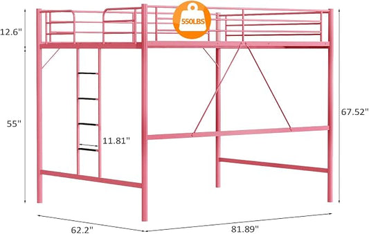 VINGLI Queen Loft Bed with Flat Rungs for Adults, Kids and Young Teens, No Box Spring Required,Heavy Duty Metal Slat Support, Pink