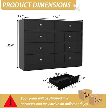 8 Drawer Dresser for Bedroom: 47" Black Chest of Drawers with Deep Drawers, Tall Modern Dresser with Storage, Fluted Wood Dressers for Bedroom, Living Room