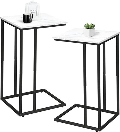 C Shaped Side Table Set of 2, Marble End Table for Sofa and Bed, Couch Table That Slide Under, Snack Side Table for Living Room, Bedroom or Small Spaces, White and Black
