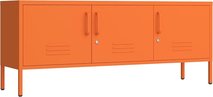 Metal Storage Cabinet-22 Tall Steel TV Stand Cabinets with Lockable Doors and Adjustable Shelves Orange Living Room Locker Organizer for Home Office Bedroom Size：22" H X 47.3" W X 13.8" D
