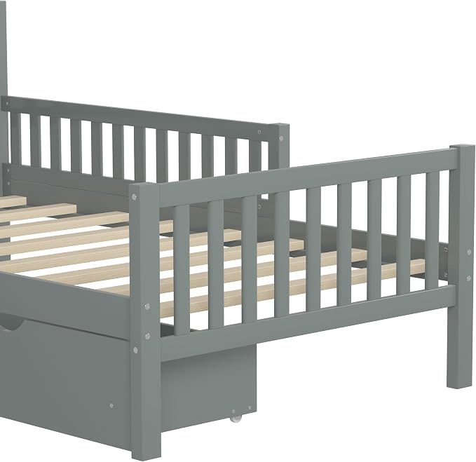 Kids Twin Size Bed Frame with Storage Drawers, Wood Twin Bed Frames for Kids, Twin Bed Frame with Headboard and Footboard for Boys Girls, No Box Spring Needed,Gray