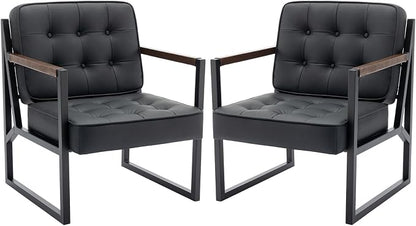 COLAMY Mid Century Modern Accent Chair Set of 2, Comfy Living Room Chair, Black Leather Accent Chair, Faux Leather Reception Armchair with Metal Legs for Living Room Bedroom Reception Office, Black