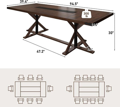 Hlivelood 94" Large Dining Table for 10 People, Rectangular Kitchen Farmhouse Table W/Thickness Waterproof Wood Tabletop,Long Dining Room Tables W/Wood Strip Base for Kitchen Living Room(238CM Brown)