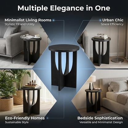 Stupa Solid Wood End Table – 22" Tall Round Side Table for Living Room or Bedroom, Handcrafted Accent Table in Distressed Black Finish, Easy Assembly, Modern Minimalist Design for Small Spaces