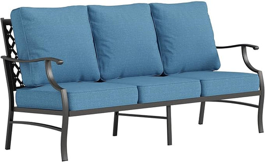 SUNSHINE VALLEY Metal Patio Sofa with 5.75" Extra Thick Cushion, 3-Seater Deep Seating & High-Back Outdoor Couch All Weather Outdoor Seating Furniture for Backyard Deck Porch, Denim Blue