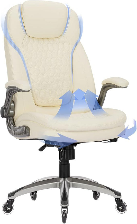 COLAMY Ergonomic High Back Office Chair, Ivory Bonded Leather Executive Desk Chair with Flip-up Arms, Thick Cushion, Silent Nylon Wheels, Adjustable Height & Rocking Function, 300lbs Capacity