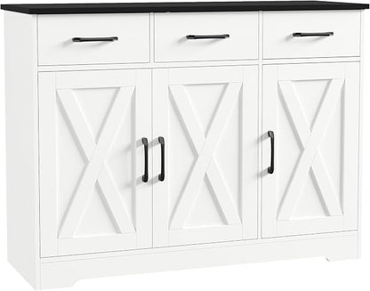 HOSTACK Modern Farmhouse Buffet Sideboard Cabinet, Barn Doors Storage Cabinet with Drawers and Shelves, Wood Coffee Bar with Storage for Dining Room, Kitchen, Living Room, White/Black