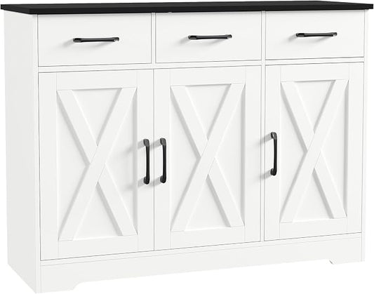 HOSTACK Modern Farmhouse Buffet Sideboard Cabinet, Barn Doors Storage Cabinet with Drawers and Shelves, Wood Coffee Bar with Storage for Dining Room, Kitchen, Living Room, White/Black