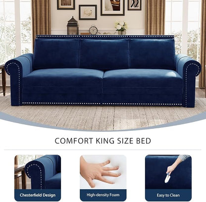 93.7" King Size Sleeper Sofa Bed, Pull Out Sofa Bed, Velvet Upholstery, 3 in 1 Convertible Sleeper Couch, Chaise Lounge, Retro Recliner for Living Room, Office, Apartment, Blue