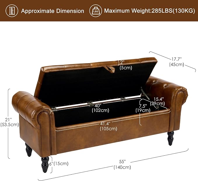 Furniliving 55” End of Bed Bench, Bedroom Bench with Button-Tufted, Large Upholstered Storage Ottoman Entryway Bench with Storage Shoe Cabinet Bench, for Bedroom, PU, YellowBrown