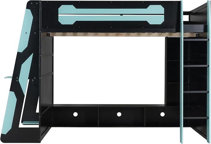 Merax Full Size Loft Bed with Desk, Multi-Storage Shelves and RGB Light | Space-Saving Wooden Gaming Bed Frame with Charging Station and Guardrail