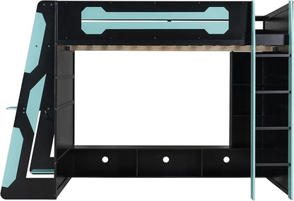 Merax Full Size Loft Bed with Desk, Multi-Storage Shelves and RGB Light | Space-Saving Wooden Gaming Bed Frame with Charging Station and Guardrail