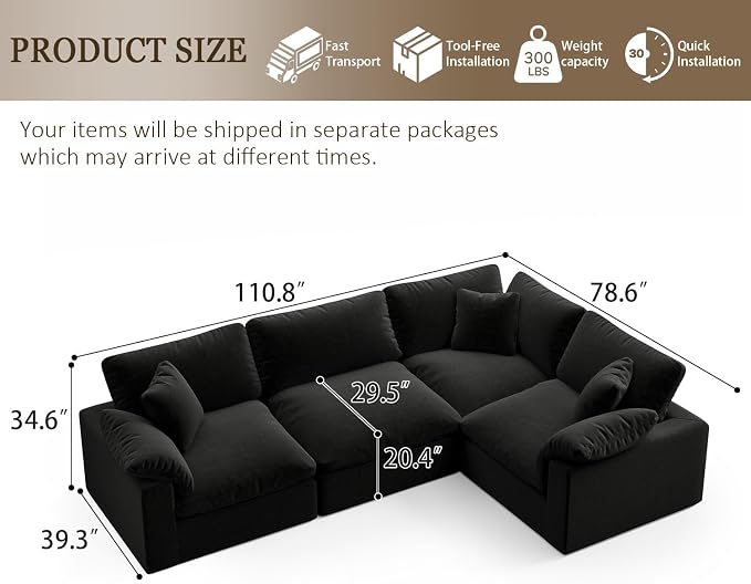 Modular Sectional Sofa, 4 Seater Cloud Couch,Down Filled Comfy Cloud Modern Sofa,Black Linen Oversized Couch Cushion Covers Removable for Living Room