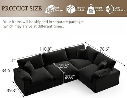 Modular Sectional Sofa, 4 Seater Cloud Couch,Down Filled Comfy Cloud Modern Sofa,Black Linen Oversized Couch Cushion Covers Removable for Living Room