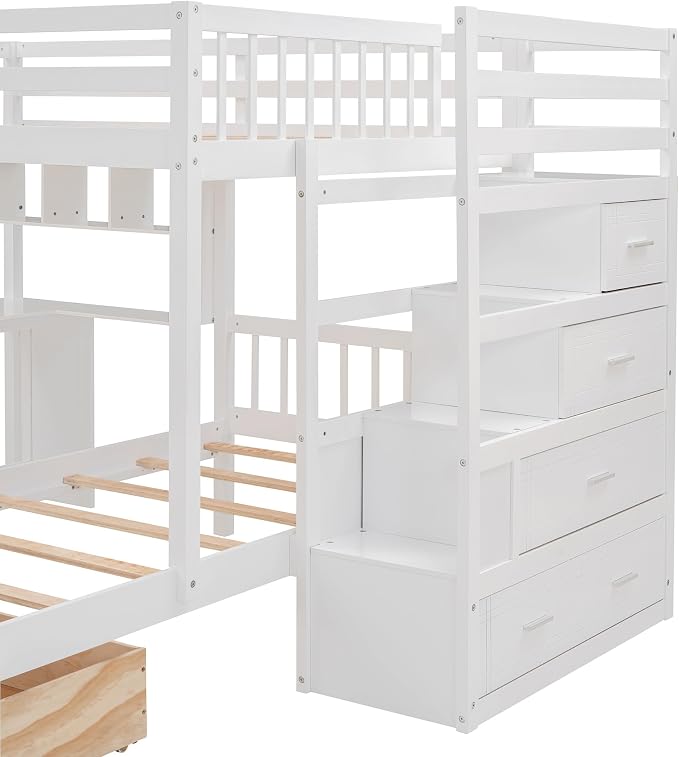 Merax Full Over Twin Bunk Bed with Desk, Drawers and Shelves, White