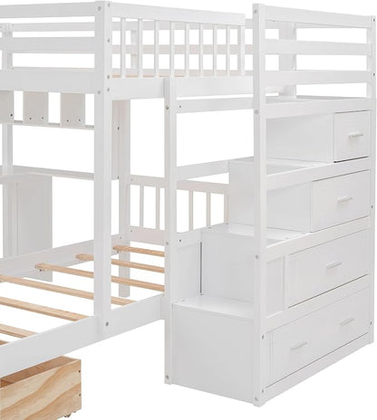 Merax Full Over Twin Bunk Bed with Desk, Drawers and Shelves, White