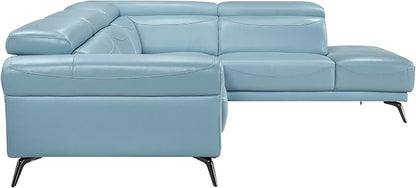 Lexicon L-Shaped Sectional Couch with Right Chaise, Top Grain Leather Match Sectional Sofa, Adjustable Headrests, Black Chrome Metal Legs, High-Density Cushions, Stitching, for Living Room, Blue