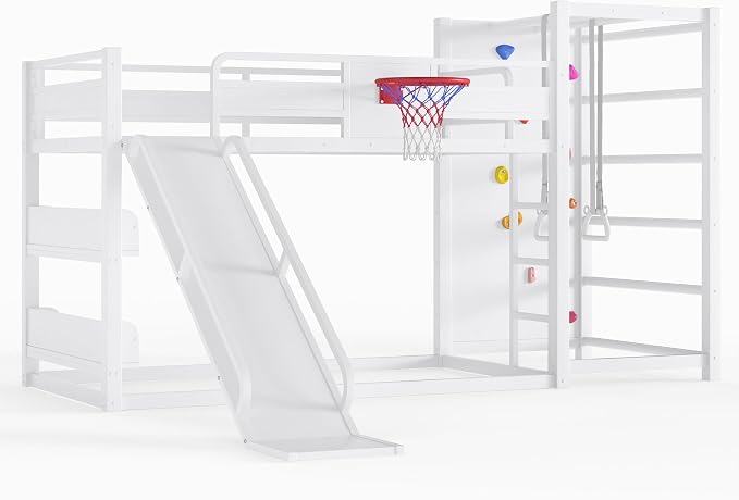 Bellemave Twin Size Bunk Bed with Basketball Hoop, Pull-up Rings and Climbing Wall, Twin Bunk Bed with Slide and Bookcase, Heavy Duty Bunk Beds with Guardrail, White