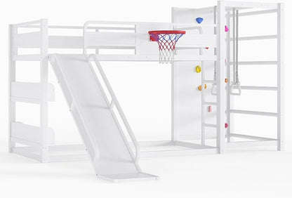 Bellemave Twin Size Bunk Bed with Basketball Hoop, Pull-up Rings and Climbing Wall, Twin Bunk Bed with Slide and Bookcase, Heavy Duty Bunk Beds with Guardrail, White