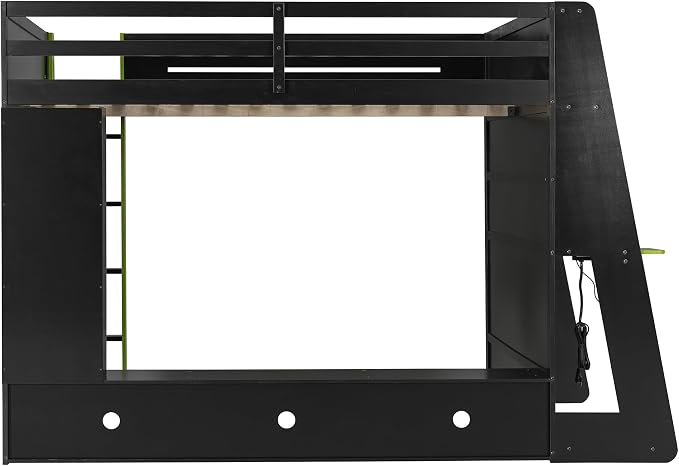Merax Full Size Loft Bed with Desk, Multi-Storage Shelves and RGB Light | Space-Saving Wooden Gaming Bed Frame with Charging Station and Guardrail