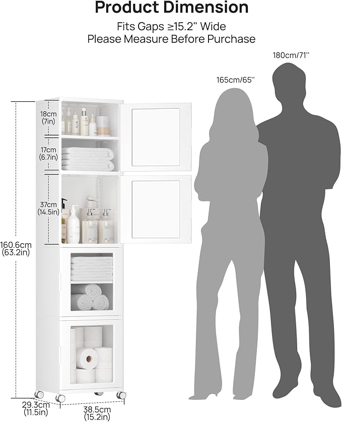 Vtopmart 63.2" Tall Slim Bathroom Storage Cabinet with 4 Adjustable Shelves and 4 Doors, Freestanding Cabinets Organizer with Wheels and Anti-tip for Laundry, Kitchen, Pantry, White
