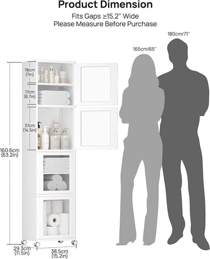 Vtopmart 63.2" Tall Slim Bathroom Storage Cabinet with 4 Adjustable Shelves and 4 Doors, Freestanding Cabinets Organizer with Wheels and Anti-tip for Laundry, Kitchen, Pantry, White
