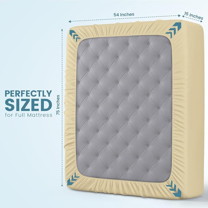 Full Size Mattress Protector Waterproof, Premium 200 GSM Terry Mattress Cover, Soft & Breathable Bed Cover, Fitted Sheet Style Stretchable Deep Pockets 15" by Utopia Bedding (Beige)