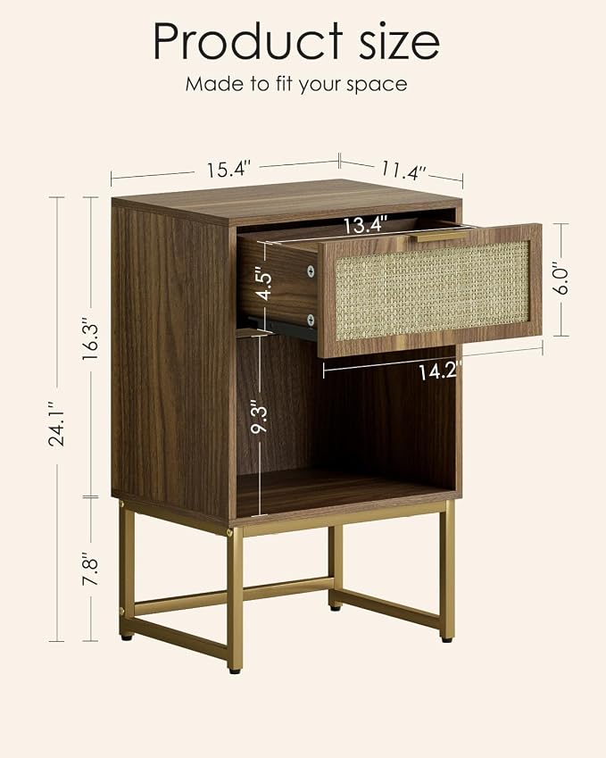 Masupu Rattan Nightstand,Modern Night Stand Boho Farmhouse Wood Bedside Table with Storage Drawer Side End Table for Bedroom, Office,Walnut Brown