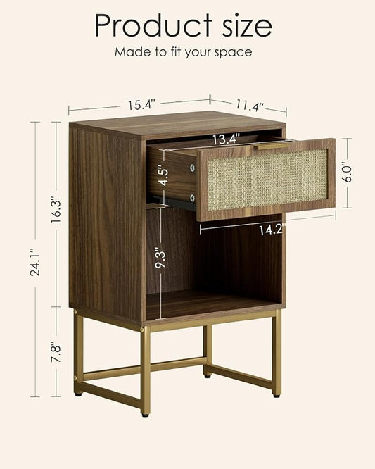 Masupu Rattan Nightstand,Modern Night Stand Boho Farmhouse Wood Bedside Table with Storage Drawer Side End Table for Bedroom, Office,Walnut Brown
