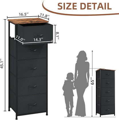 Somdot Tall Dresser for Bedroom with 5 Drawers, Storage Organizer Chest of Drawers with Removable Fabric Bins for Closet Bedside Living Room Laundry Entryway Hallway, Black Rustic Brown