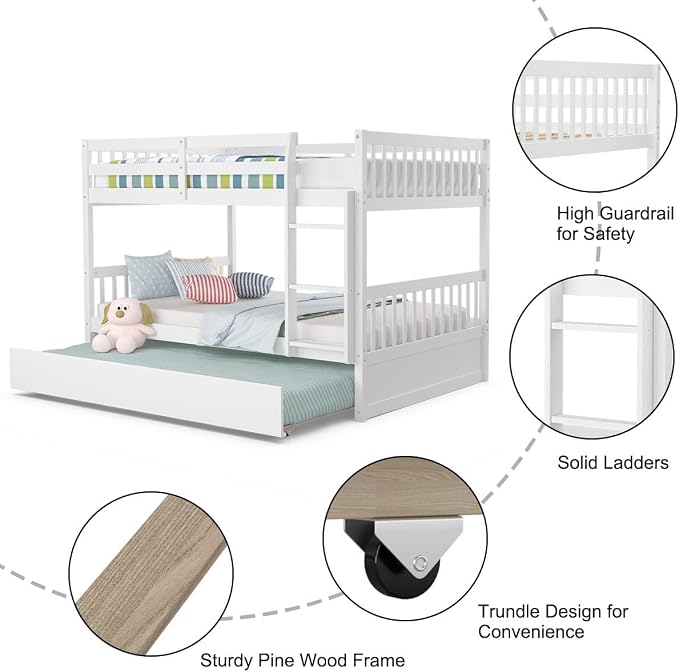 NAFORT Twin Over Twin Bunk Bed with Trundle, Solid Wood Bed Frame with Ladder & Safety Guardrails, Space Saving Bunk Bed for Kids Teens Adults Guest Room, Convertible Design, White