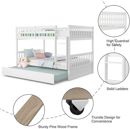 NAFORT Twin Over Twin Bunk Bed with Trundle, Solid Wood Bed Frame with Ladder & Safety Guardrails, Space Saving Bunk Bed for Kids Teens Adults Guest Room, Convertible Design, White