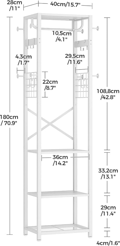 CHOEZON Coat Rack with Shelves, Freestanding Hall Tree, Coat Tree with 16 Hooks and Hanging Rail, Industrial Clothes Stand for Entryway, Hallway, Bedroom, White TYM18WB