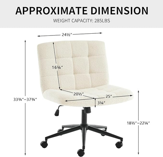 Furnimart Swivel Criss Cross Legged Chair with Wheels for Home Office, Wide Armless Desk Chair Height Adjustable Comfy Seat for Desk,Vanity, Bedroom, Faux Fur White