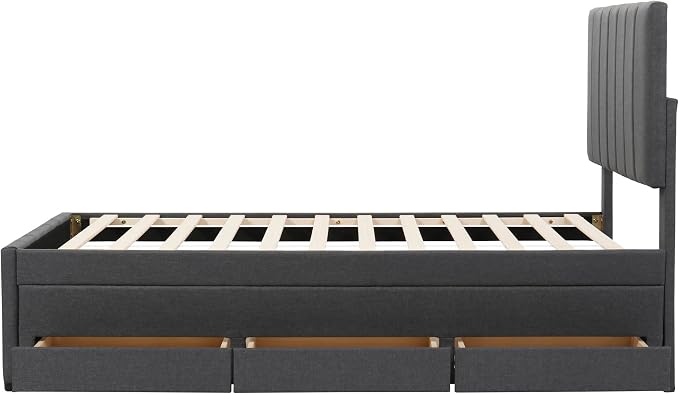 Twin Size Bed Frame with Trundle Bed and Storage Drawers,Linen Upholstered Bed Frame,Twin Size Trundle Bed with Adjustable Headboard,Upholstered Platform Bed Twin for Kids Teens Adults,Gray