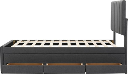 Twin Size Bed Frame with Trundle Bed and Storage Drawers,Linen Upholstered Bed Frame,Twin Size Trundle Bed with Adjustable Headboard,Upholstered Platform Bed Twin for Kids Teens Adults,Gray