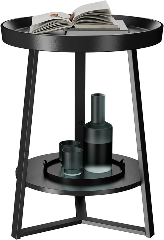 Gadroad Round End Table with Storage Shelf, 2 Tier Farmhouse Side Table Nightstand for Living Room, Bedroom, Wood Tabletop & Black Metal Frame, Black 15.7 * 15.7 * 23.0inches