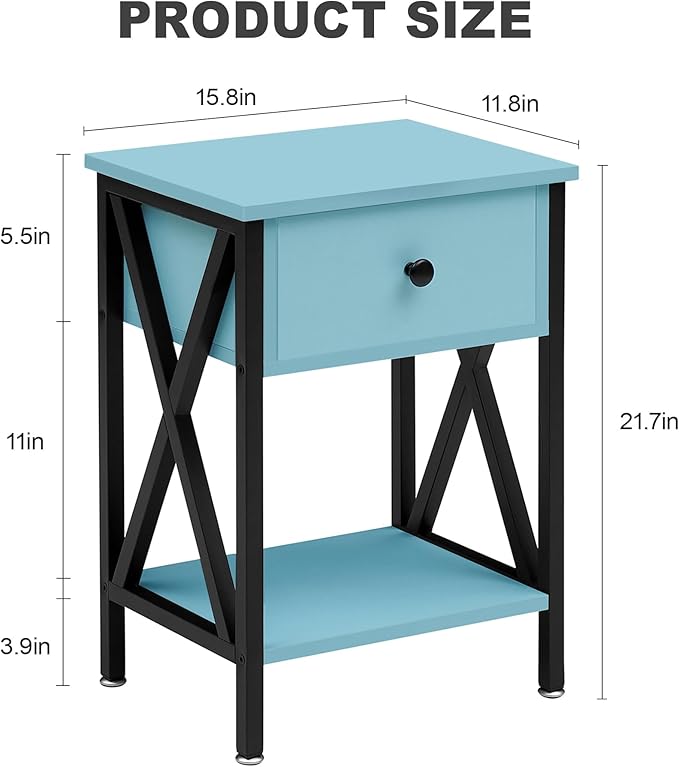 VECELO Nightstand,Modern Bedside End Table, Night Stand with Drawer and Storage Shelf for Living Room Bedroom, Industrial Metal Frame